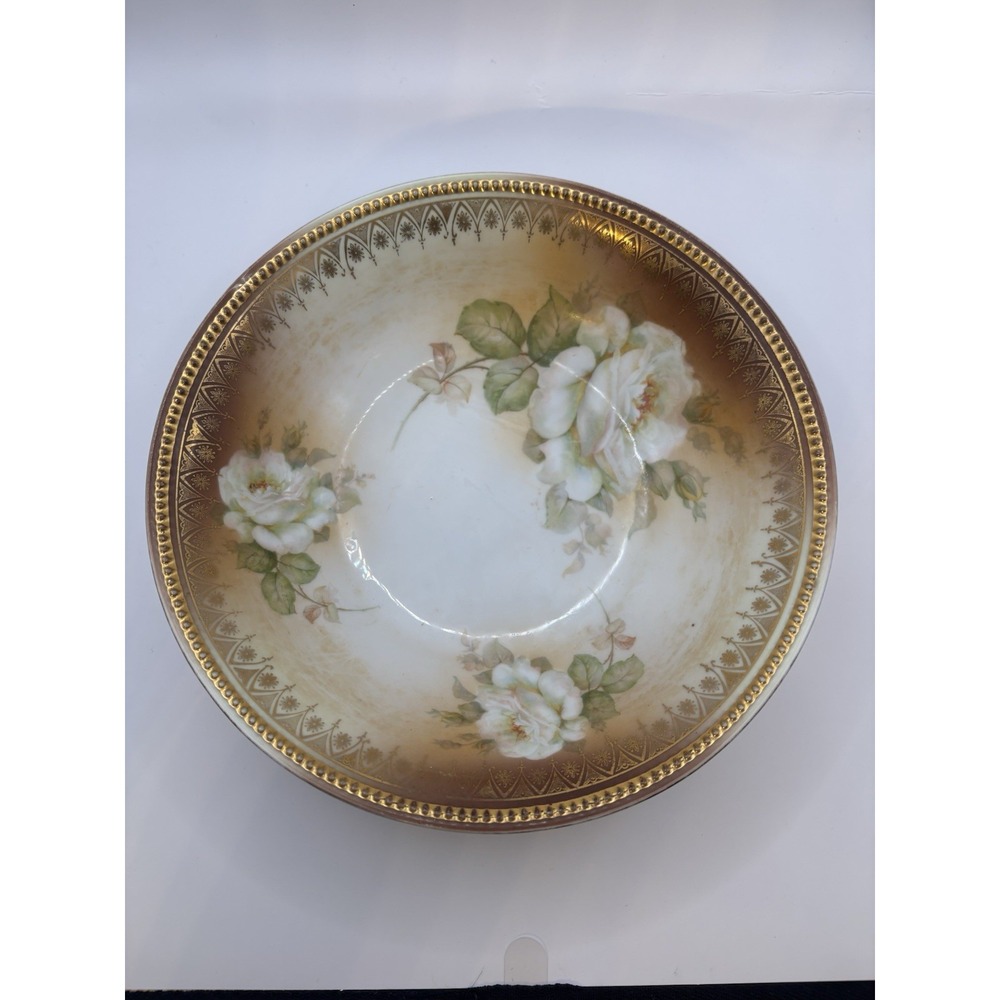 Antique P.K. Silesia Porcelain Serving Bowl Bridal Roses Gold Beaded Rim 1914-22 - Picture 10 of 14